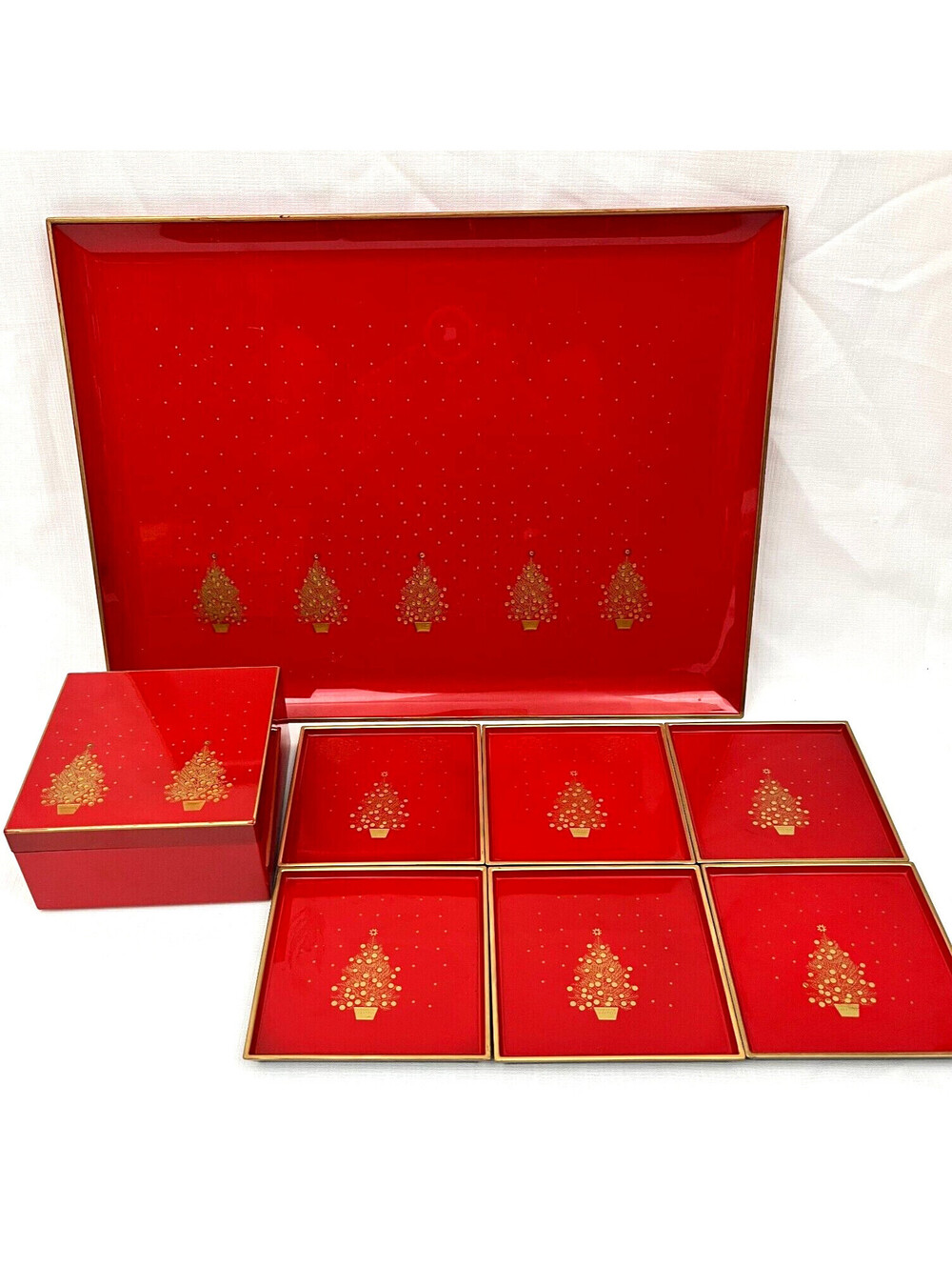 Vtg MCM Otagiri Japan Lacquerware Red Christmas Tree Tray & Boxed Set 6 Coasters